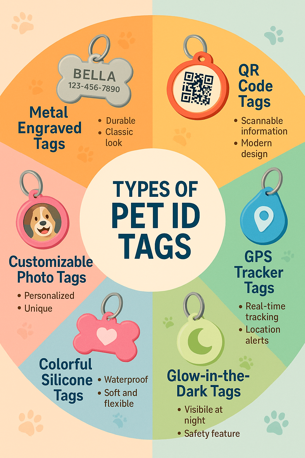 colorful pet id tags infographic showing seven popular types with benefits for pet owners