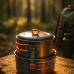 compact camping cookware sets on natural surface with forest background for outdoor enthusiasts