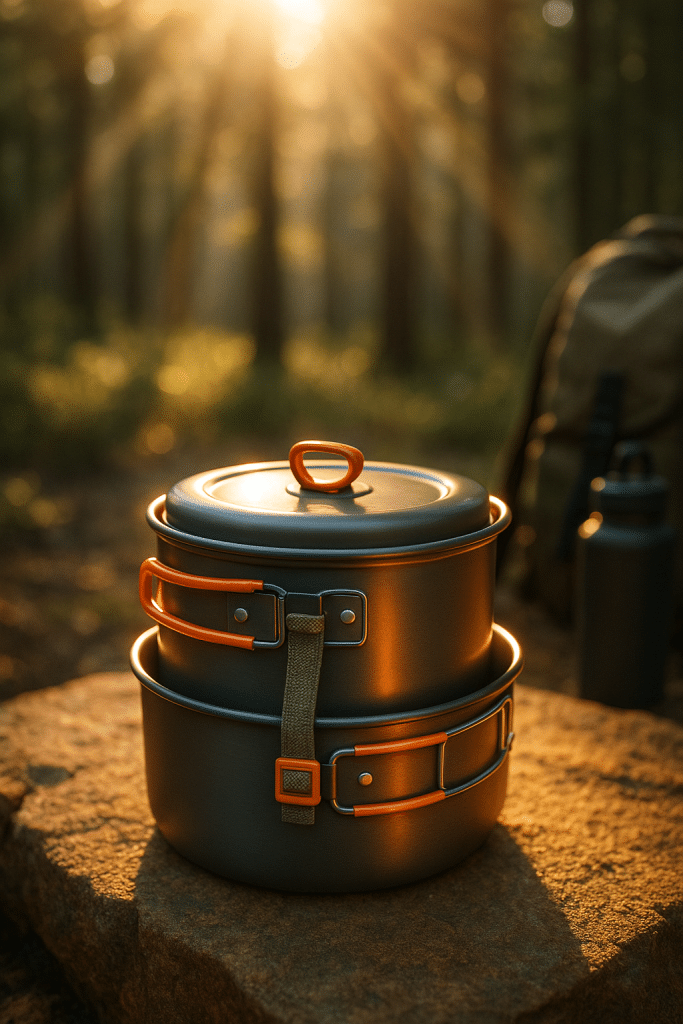 compact camping cookware sets on natural surface with forest background for outdoor enthusiasts