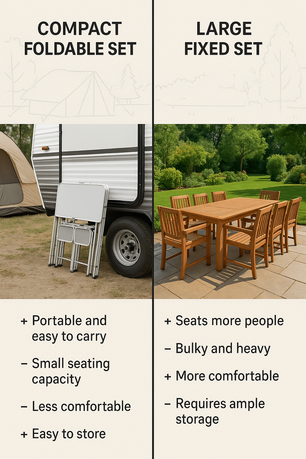 comparison chart of compact foldable versus large fixed outdoor dining sets with pro and con points