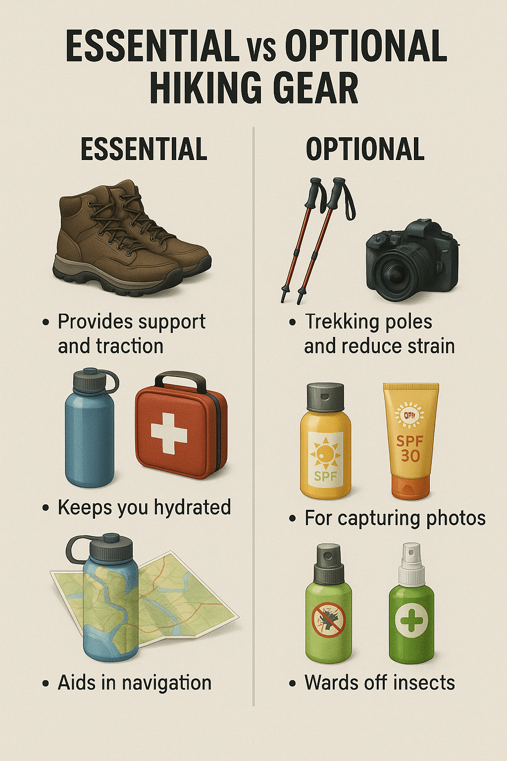 comparison chart of essential versus optional items in hiking essentials checklist