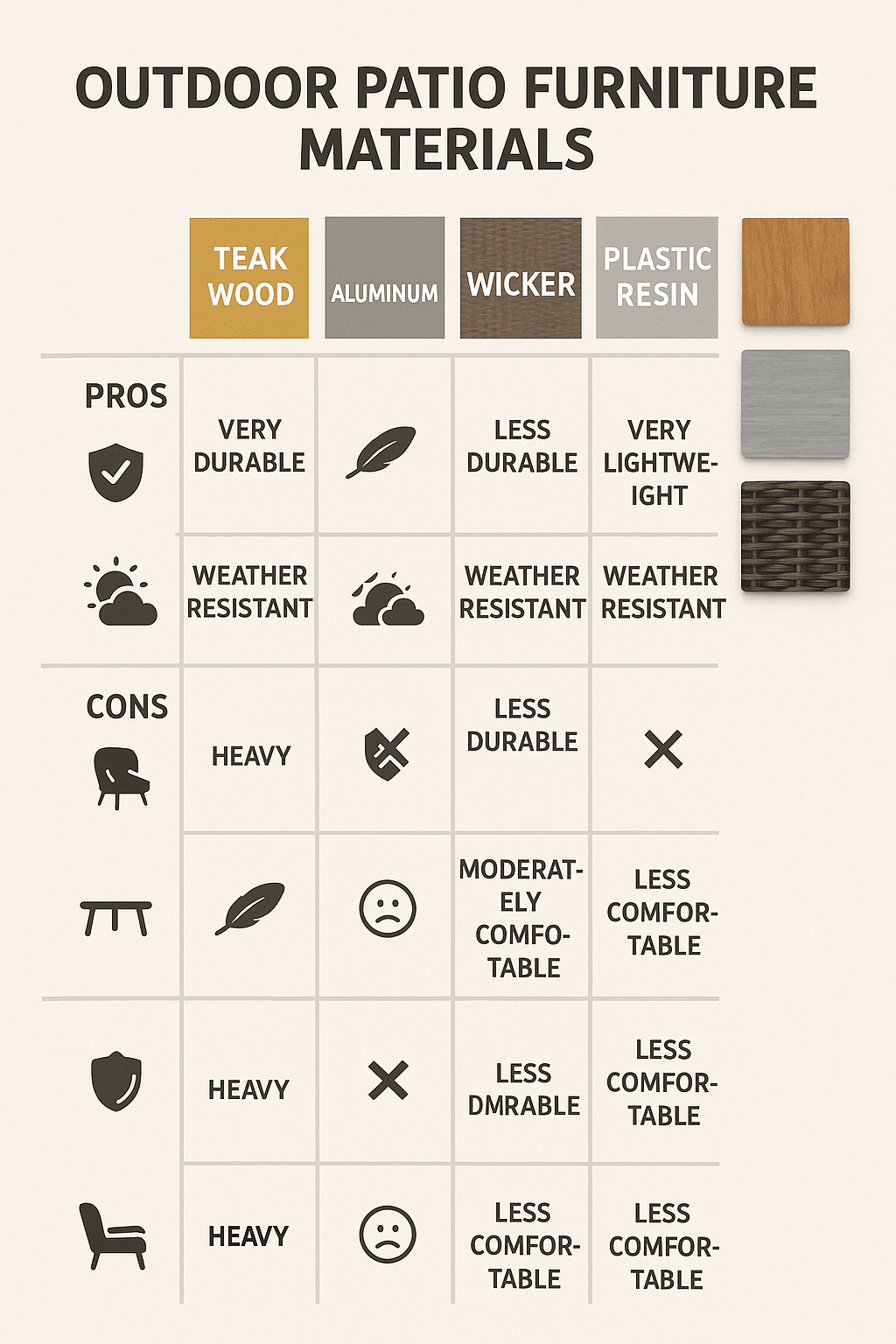 comparison chart of outdoor patio furniture materials with pros and cons icons