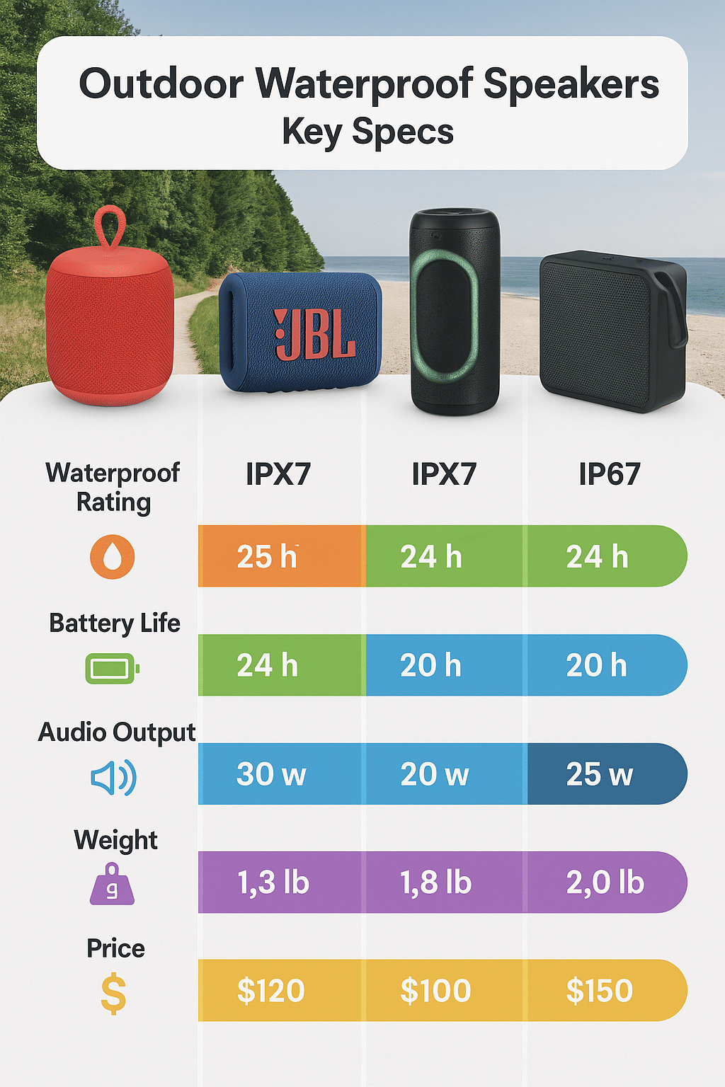 comparison chart of outdoor waterproof speakers specs battery waterproof rating and price