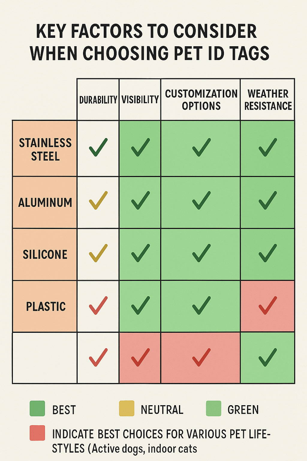 comparison chart of pet id tags materials customization and durability features