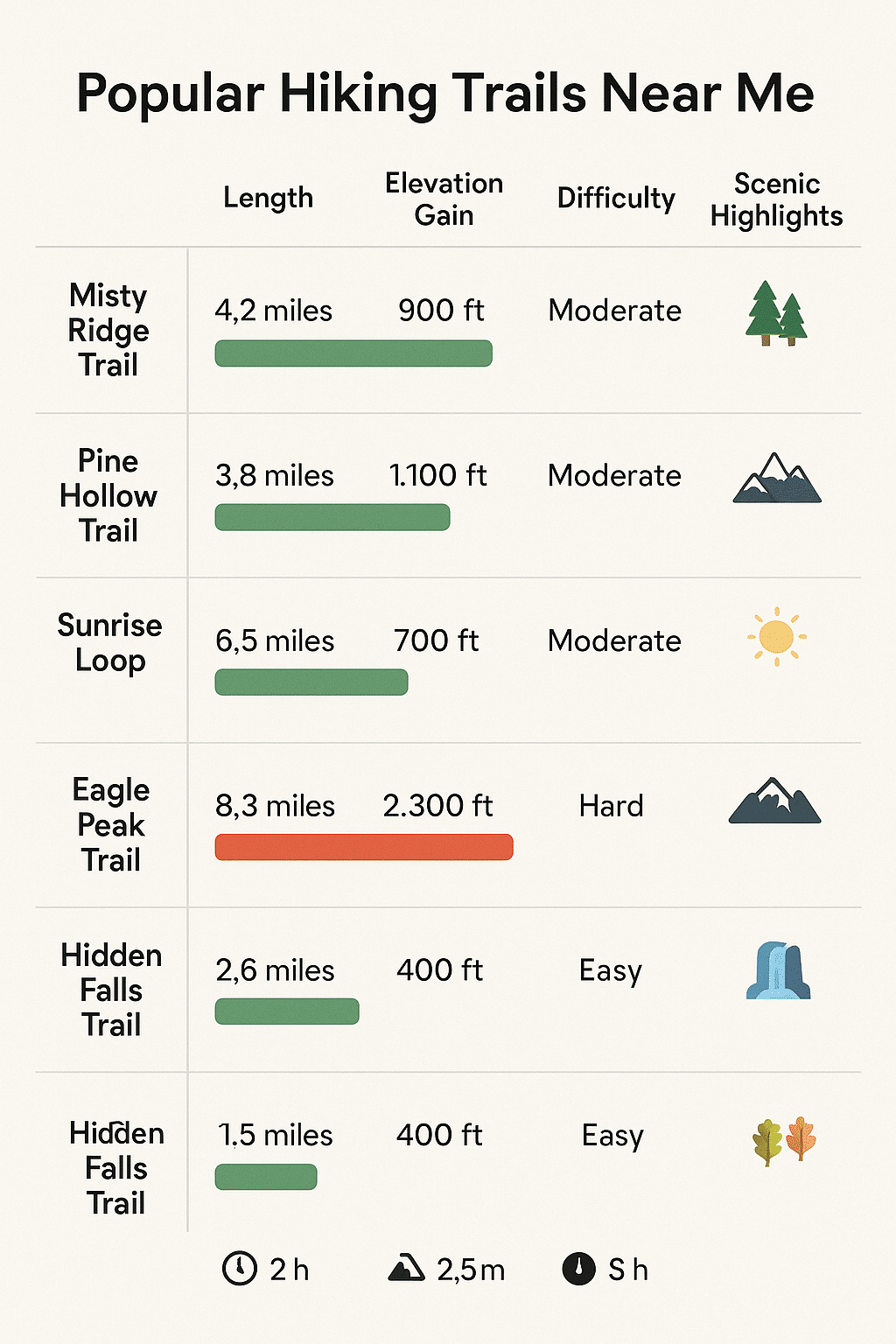 comparison chart of popular hiking trails near me with distance difficulty and highlights