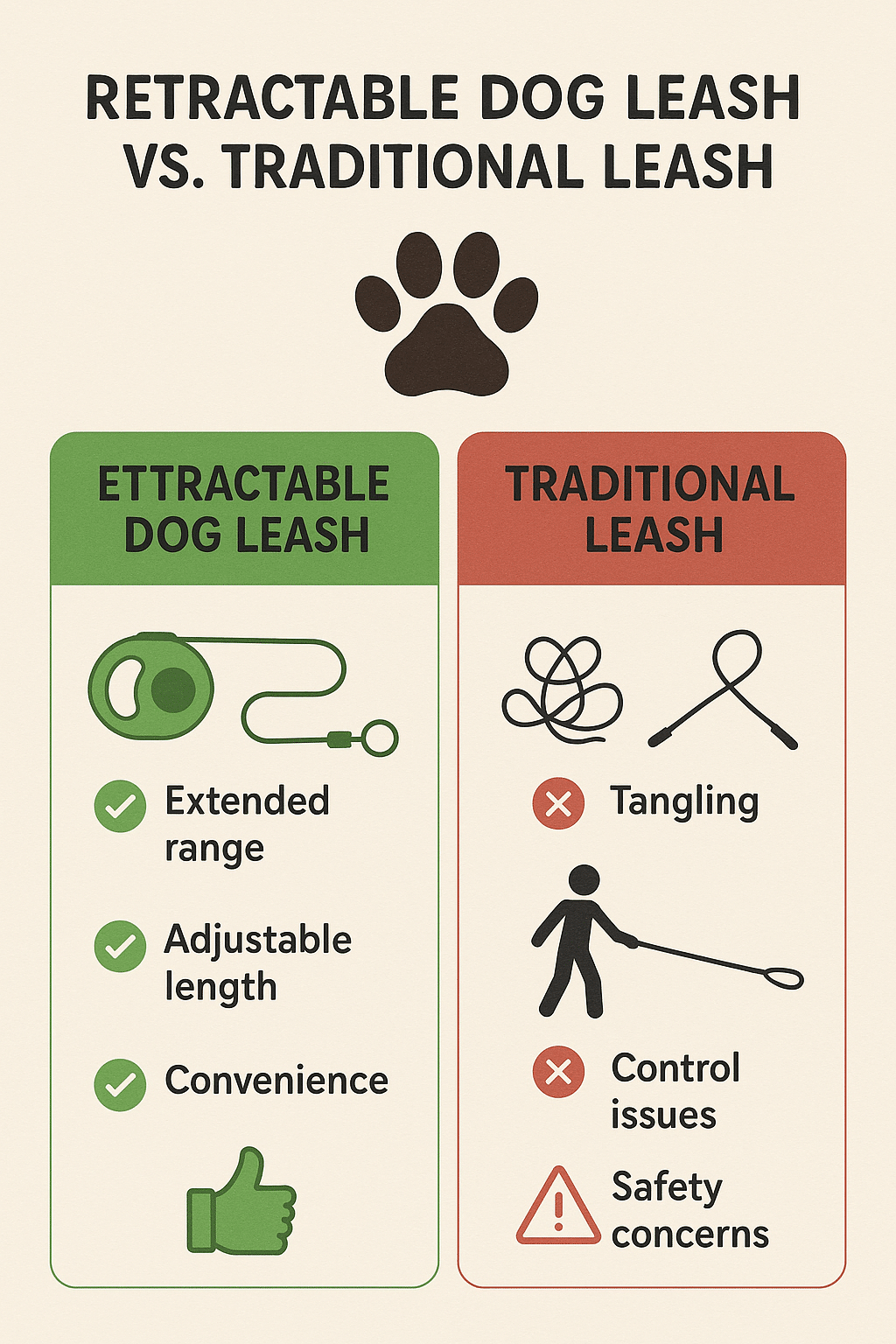 comparison chart of retractable dog leash versus traditional dog leash benefits and drawbacks