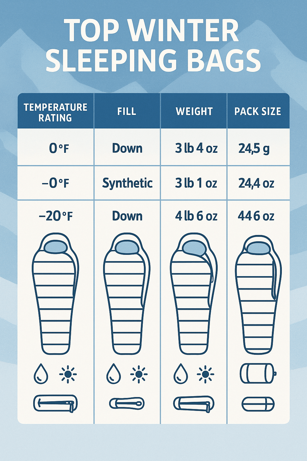 comparison chart of winter sleeping bags with temperature ratings fill types and features for winter