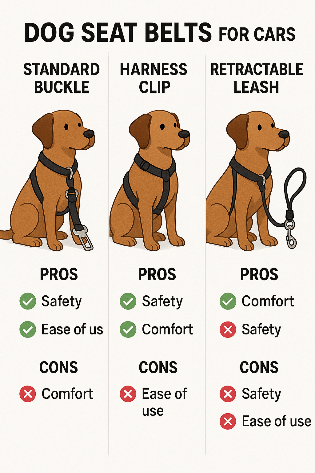 comparison chart showing types of dog seat belts for cars with pros and cons for each type