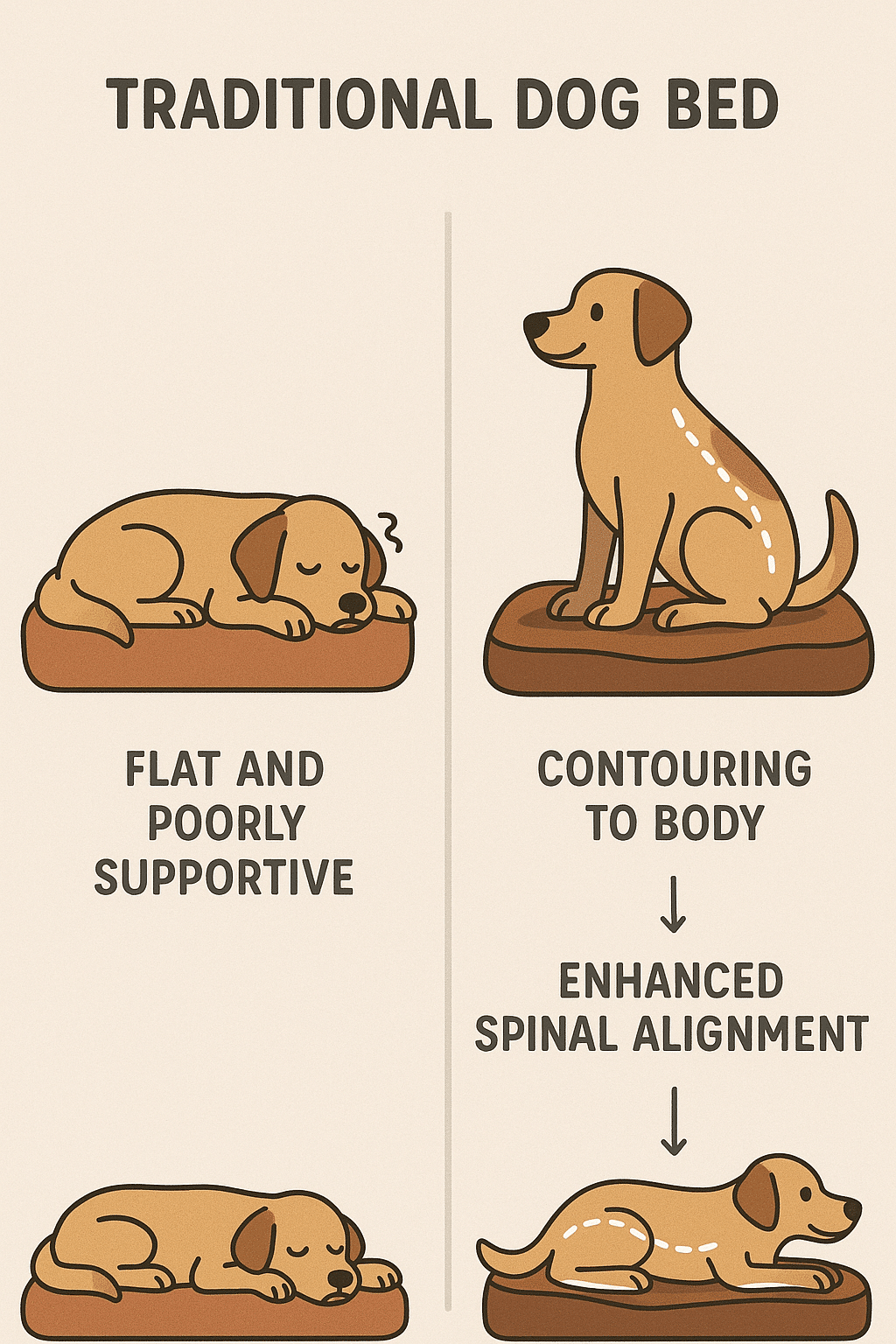 comparison diagram of orthopedic dog beds versus traditional dog beds showing support difference