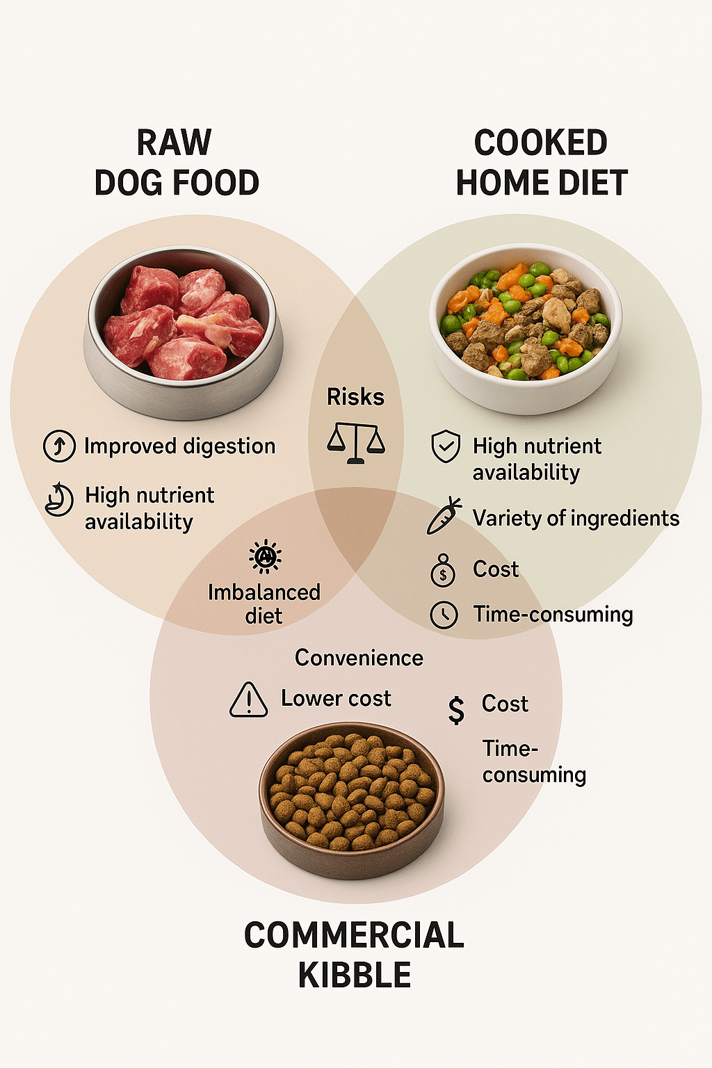comparison diagram of raw dog food diet with kibble and cooked home diets