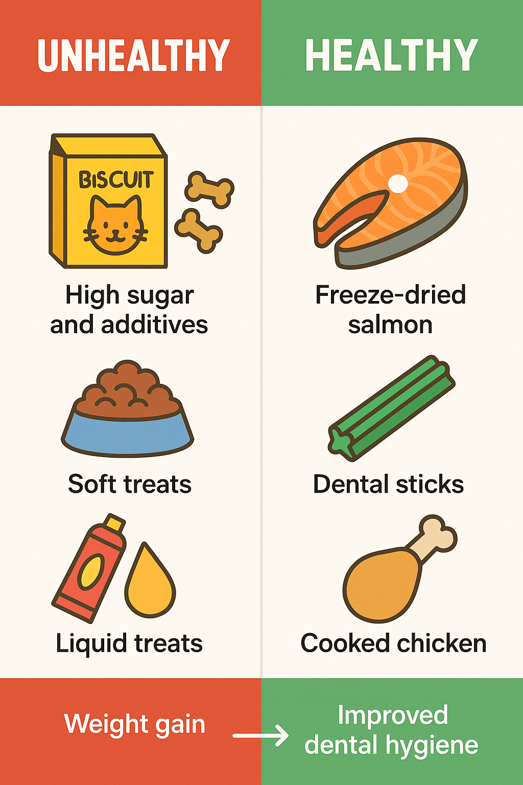 comparison diagram of unhealthy versus healthy cat treats with effects for cats