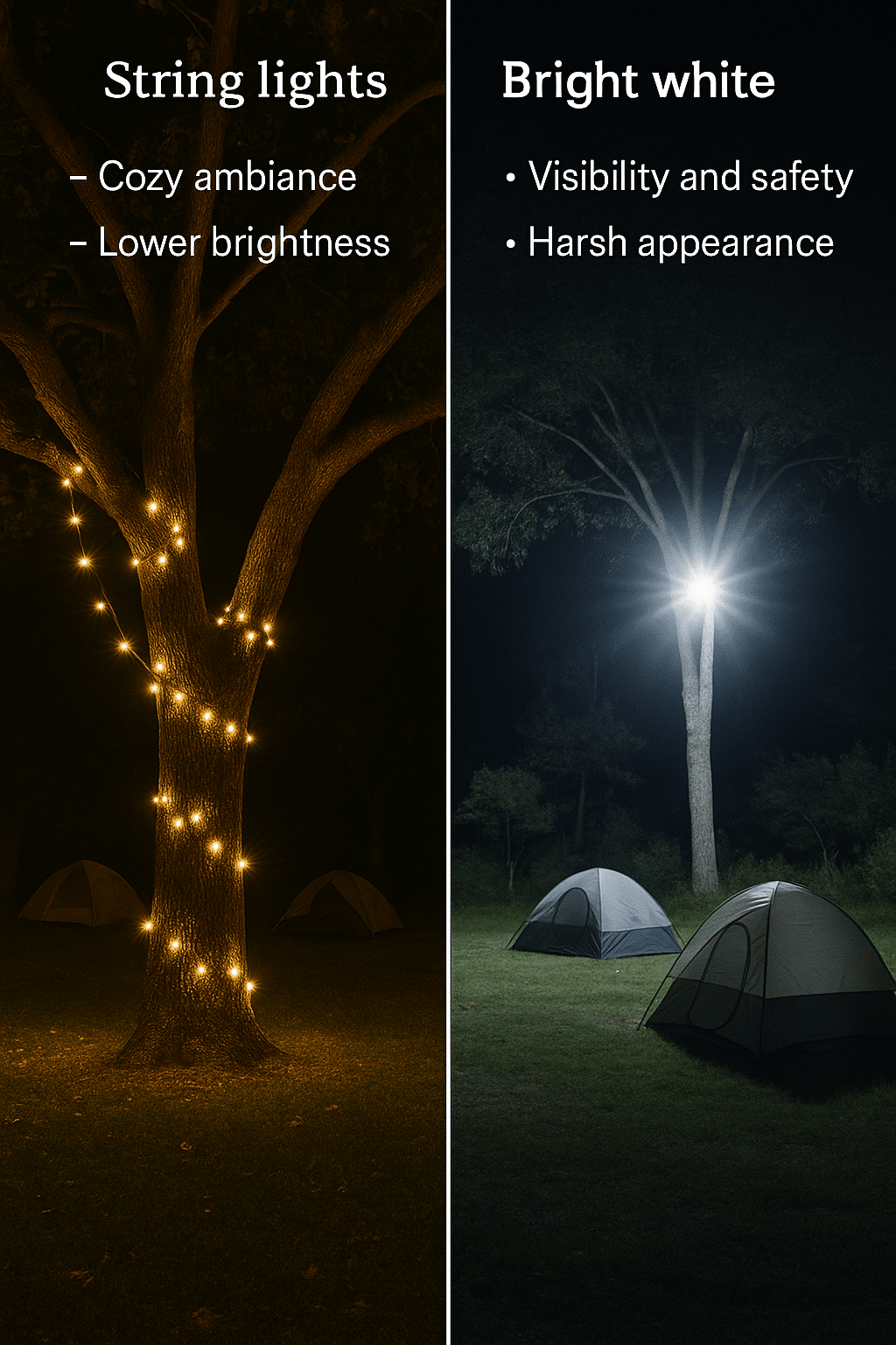 comparison image of warm string lights and bright led floodlights outdoor lighting ideas