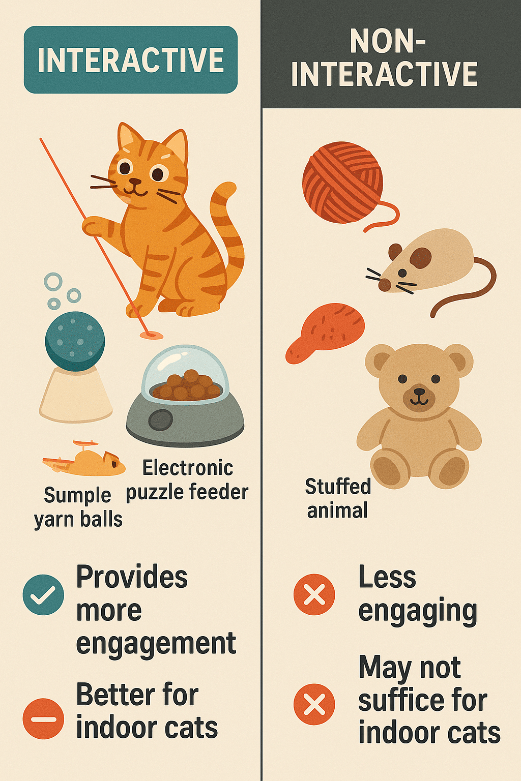 comparison infographic of interactive and non interactive best cat toys for indoor cats with pros an