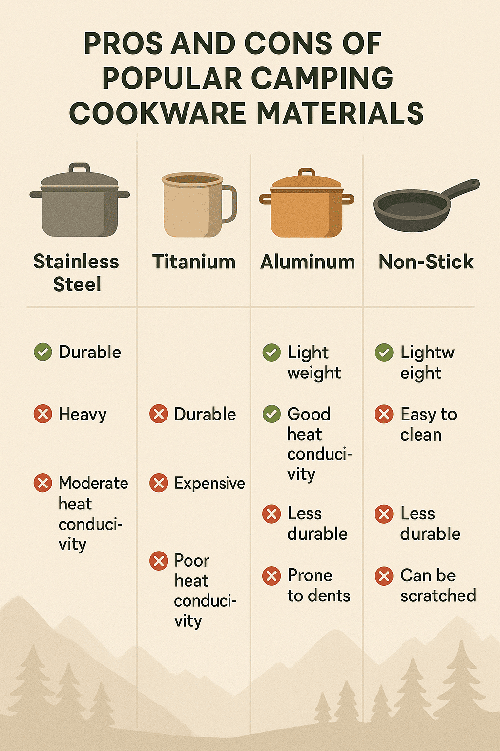 comparison of camping cookware sets materials highlighting weight durability and heat conductivity