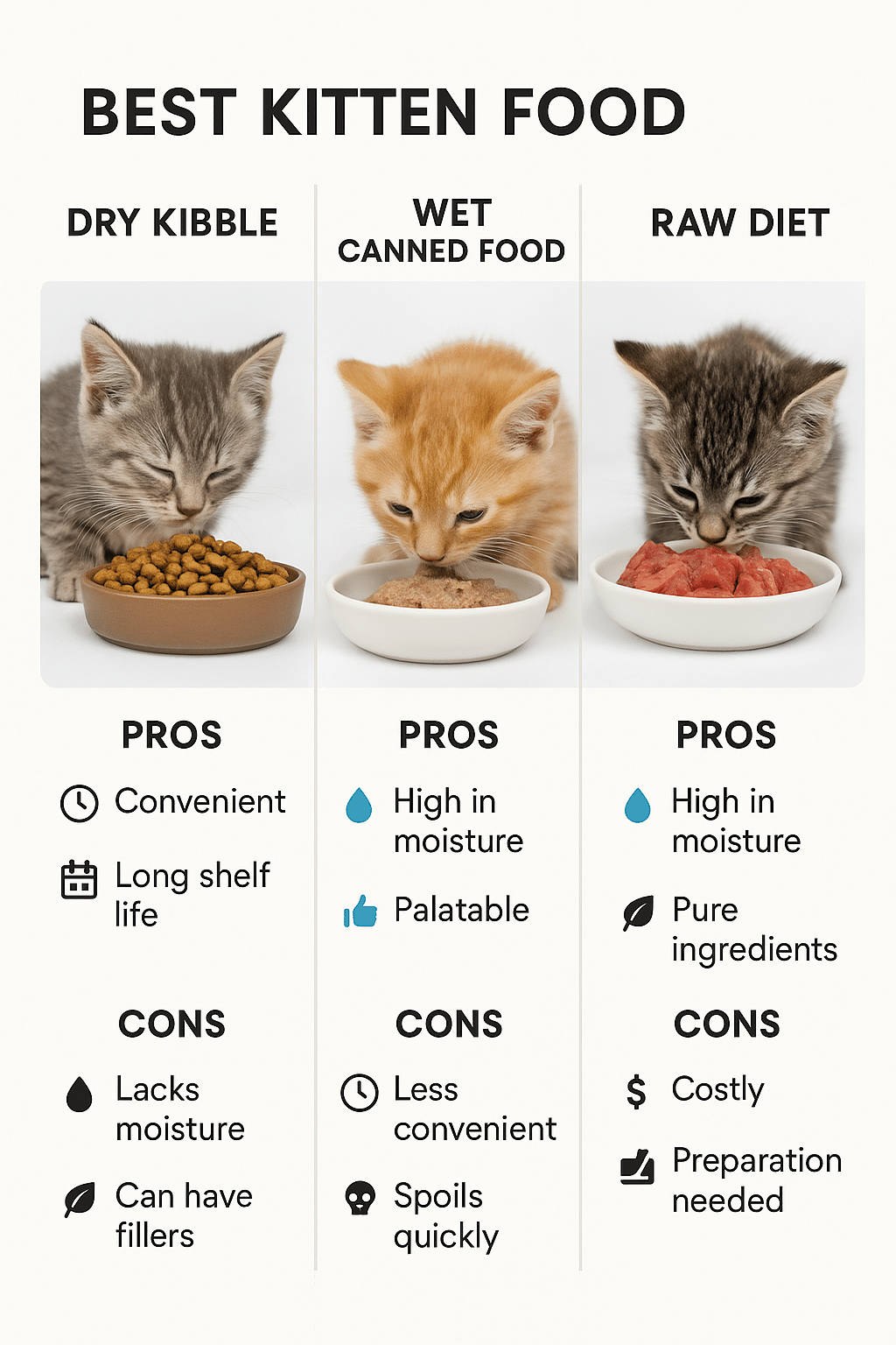 comparison of dry wet and raw best kitten food types with pros and cons