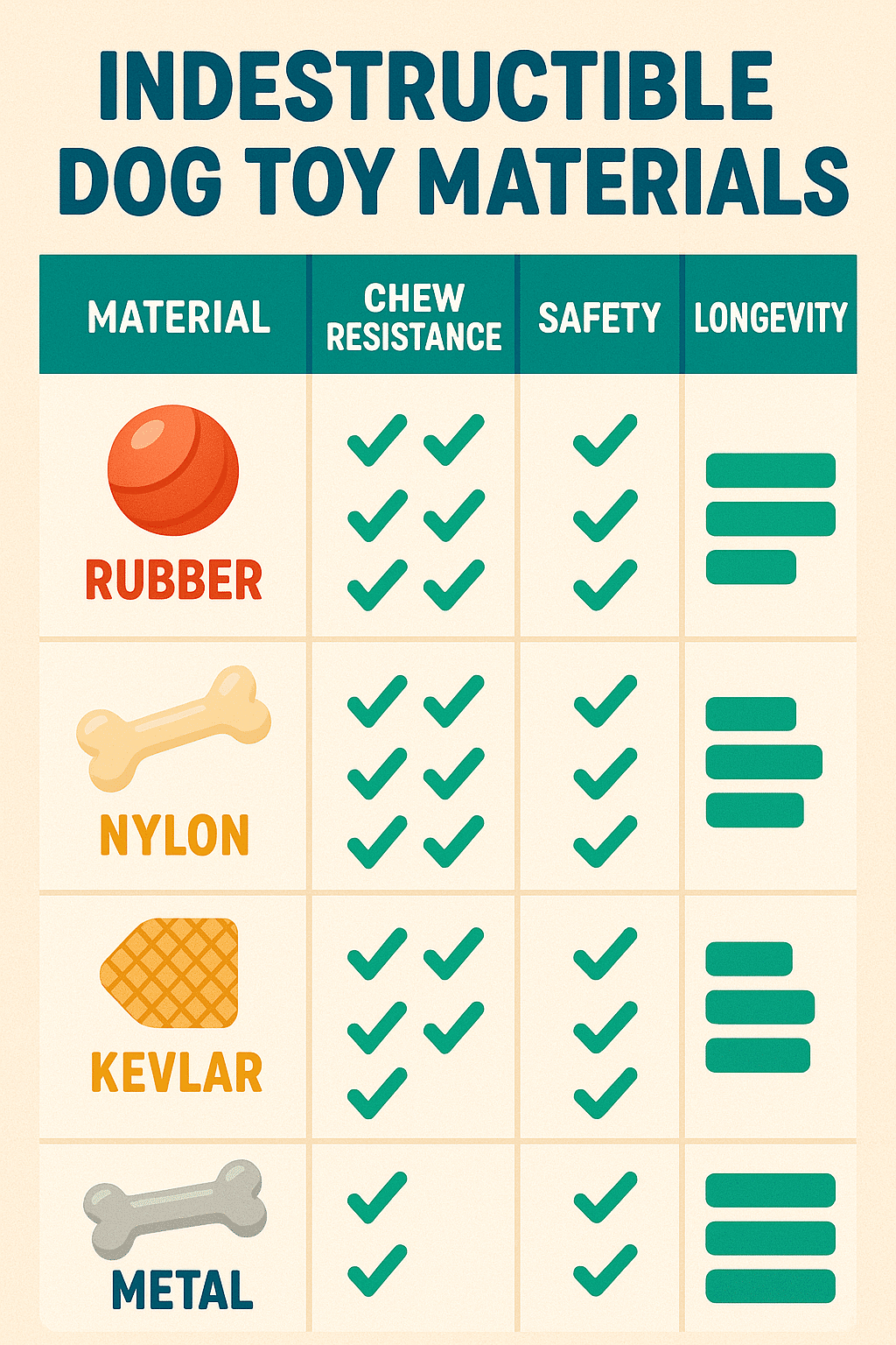 comparison of materials for indestructible dog toys showing chew resistance and safety features