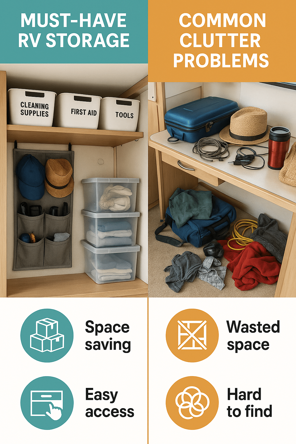 comparison of rv camping essentials storage solutions versus clutter for outdoor enthusiasts