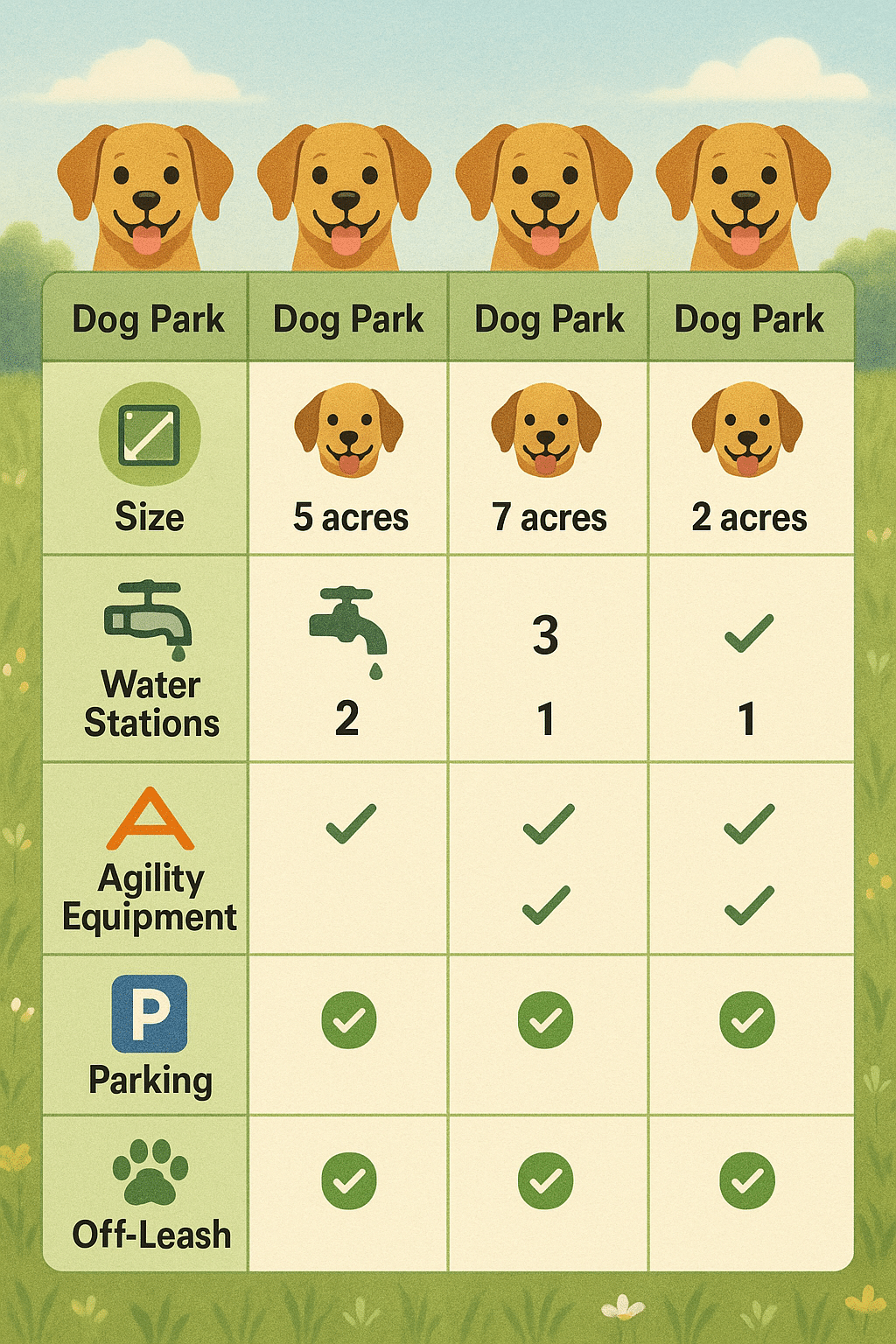 comparison table with features and amenities of best dog parks near me for pet owners