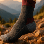 confident step on rocky trail wearing best hiking socks with mountain vista background