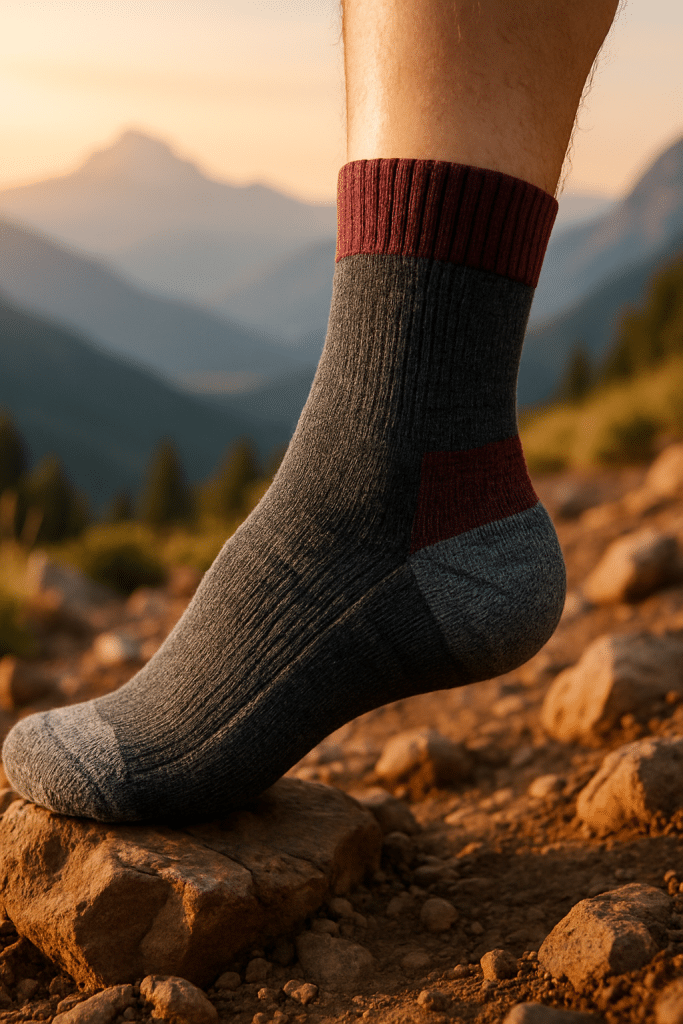 confident step on rocky trail wearing best hiking socks with mountain vista background