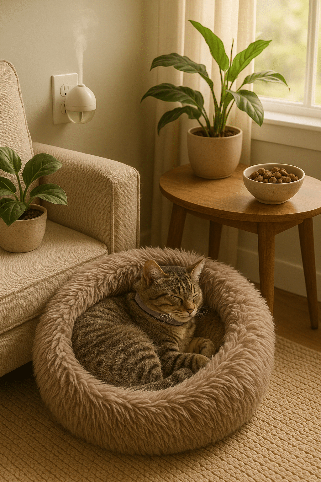 cozy home setup with multiple cat calming products creating peaceful environment