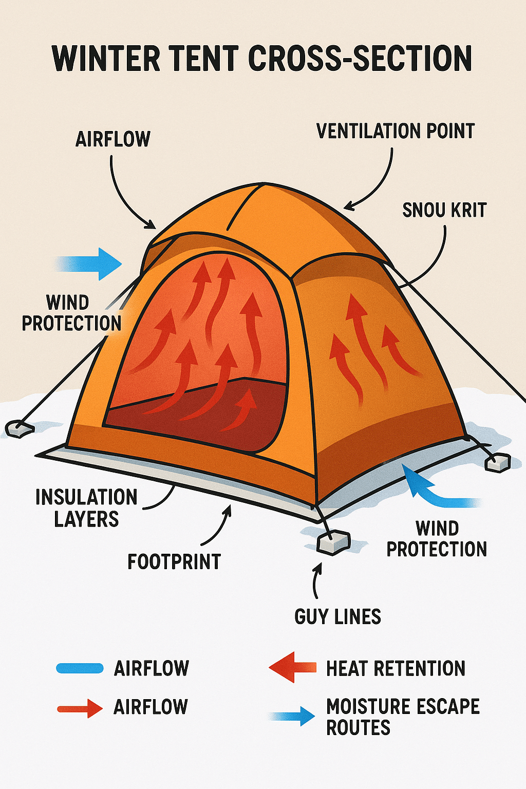 cross section diagram of winter tent insulation layers wind protection and ventilation for winter ca