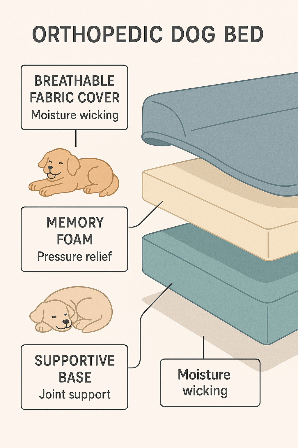 cross section view of orthopedic dog beds showing memory foam support layers and breathable cover
