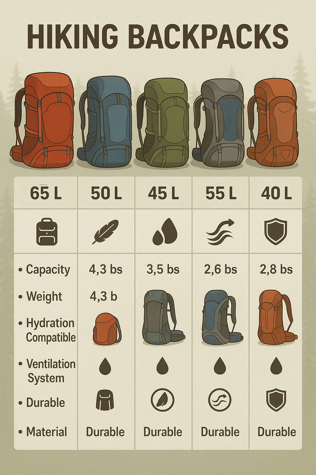 detailed comparison infographic for hiking backpacks reviews showing features and capacities