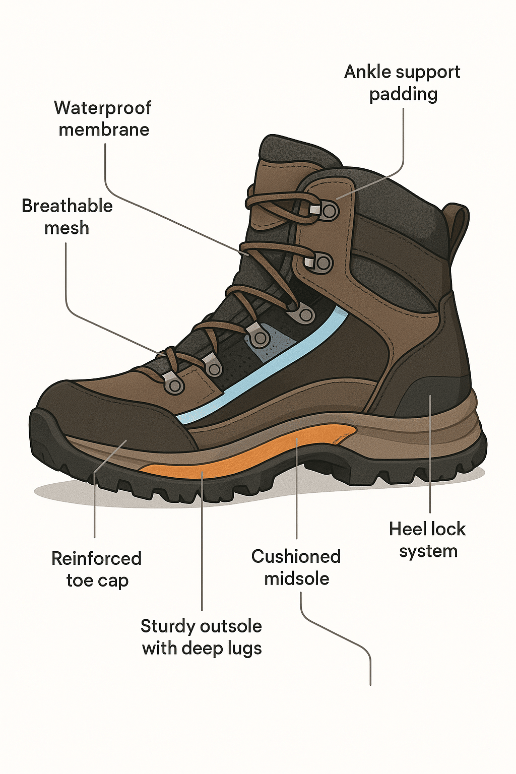 detailed cross section of best hiking boots showing waterproof cushioning outsole and ankle support
