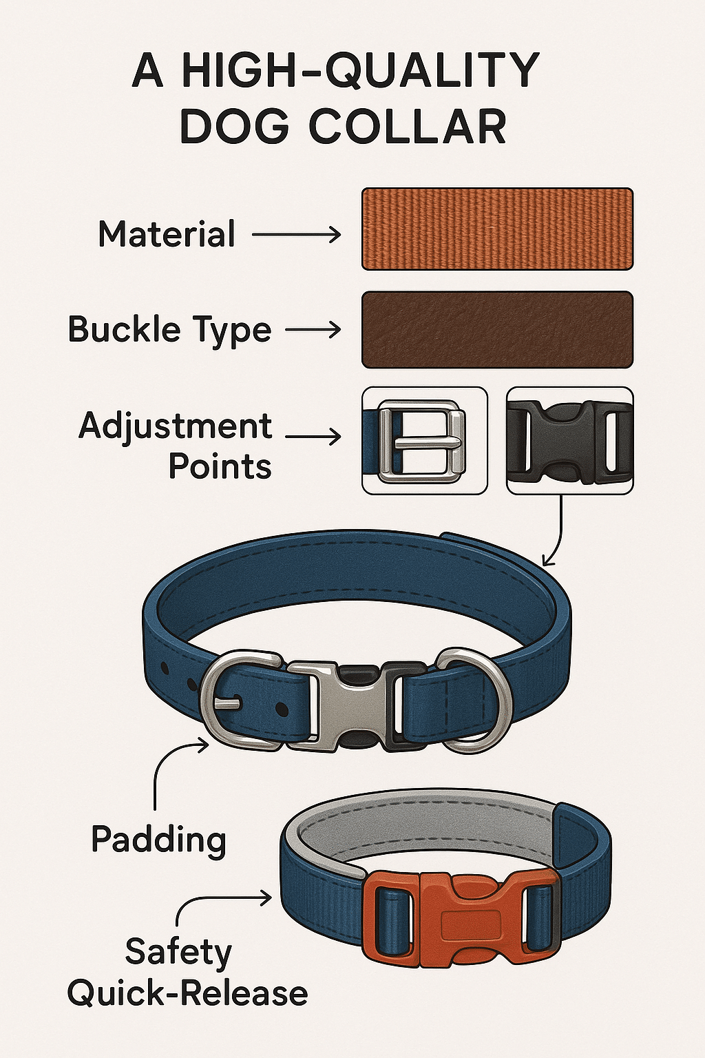 detailed diagram showing features of best dog collars with material buckle and safety parts