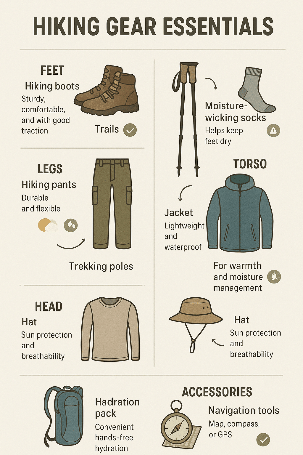 detailed infographic of essential gear for hiking trails near me for outdoor enthusiasts