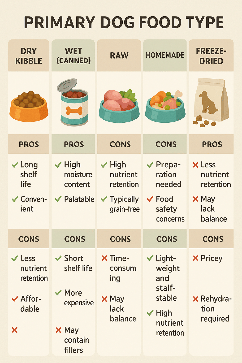 diagram comparing types of best dog food with pros and cons for pet owners