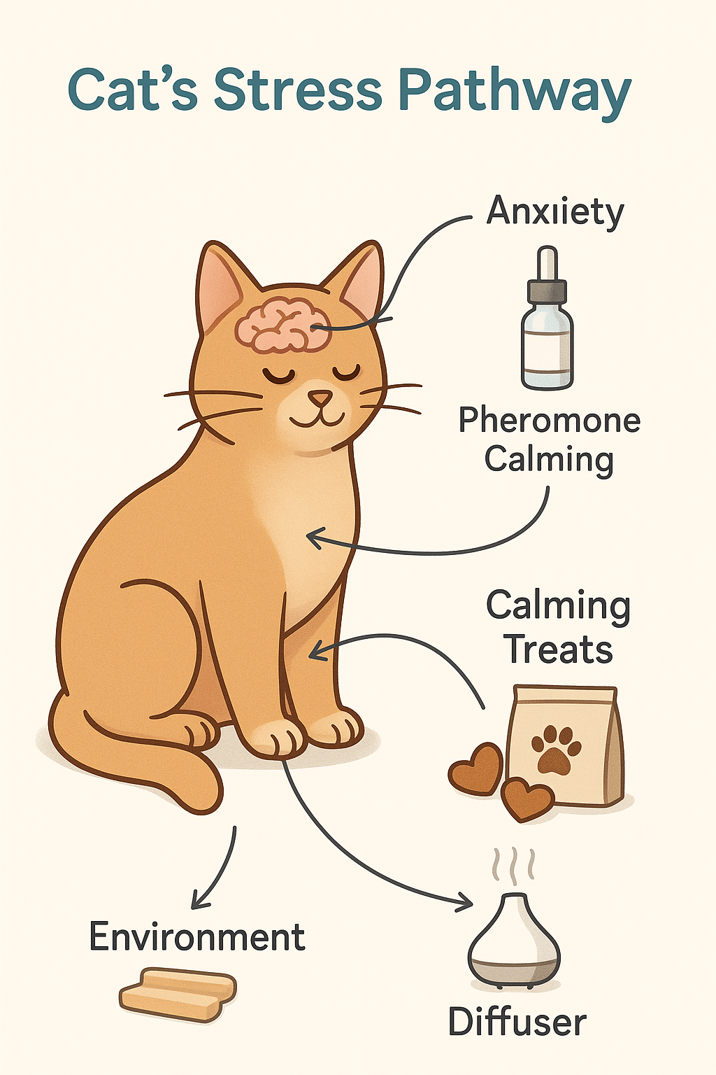 diagram explaining how cat calming products reduce stress and anxiety in cats
