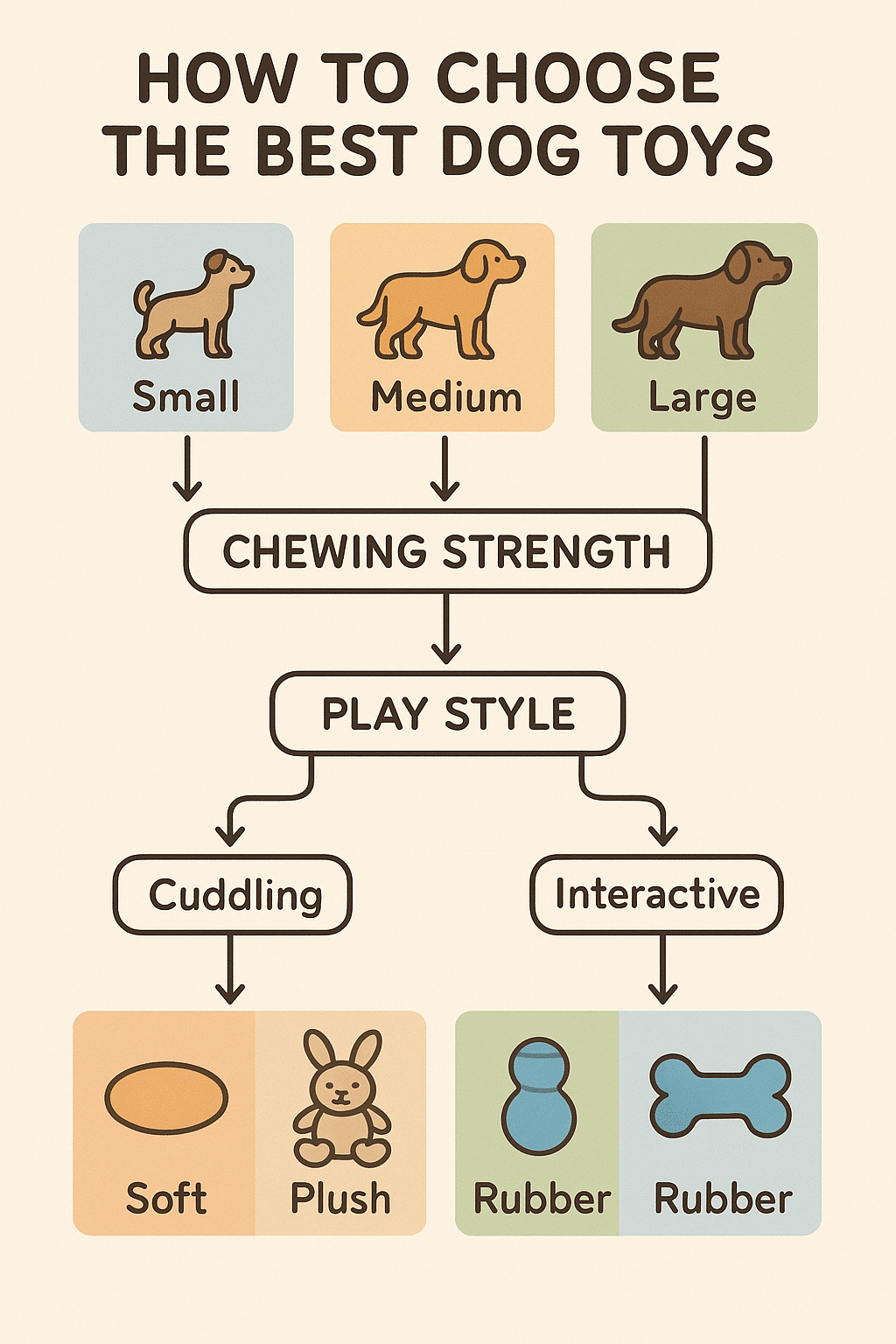 diagram for selecting best dog toys for different dog sizes chewing strengths and play styles