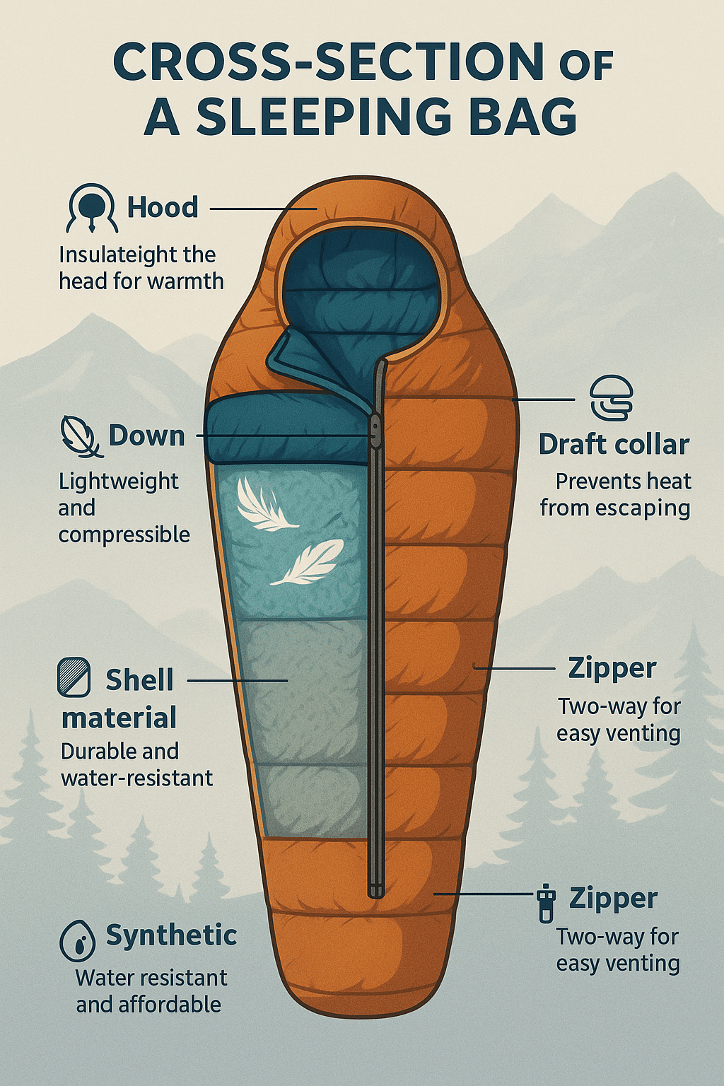 diagram illustrating key features of best sleeping bags with labeled parts and benefits for outdoor