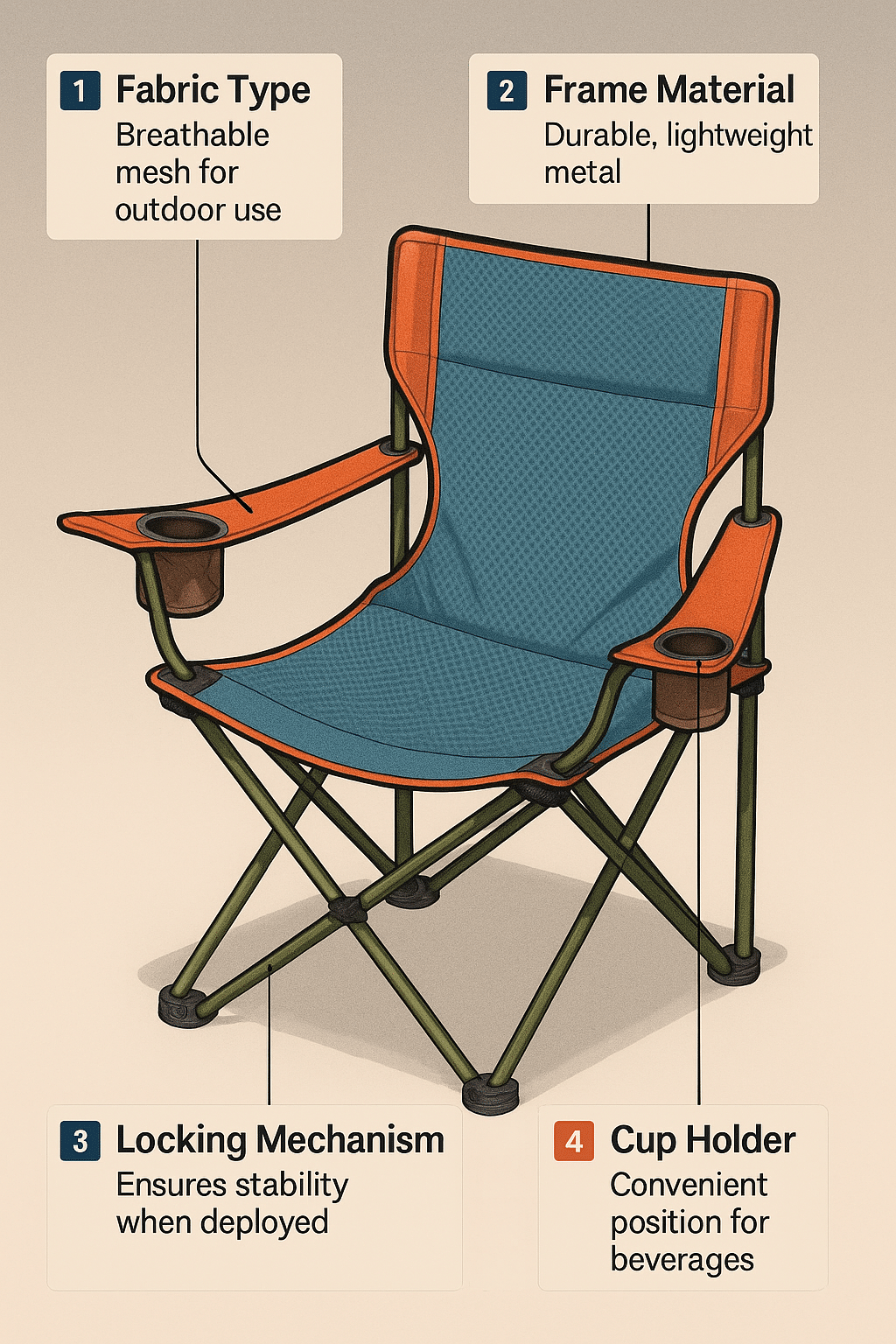 diagram of camping chair parts with labels explaining features in camping chairs reviews