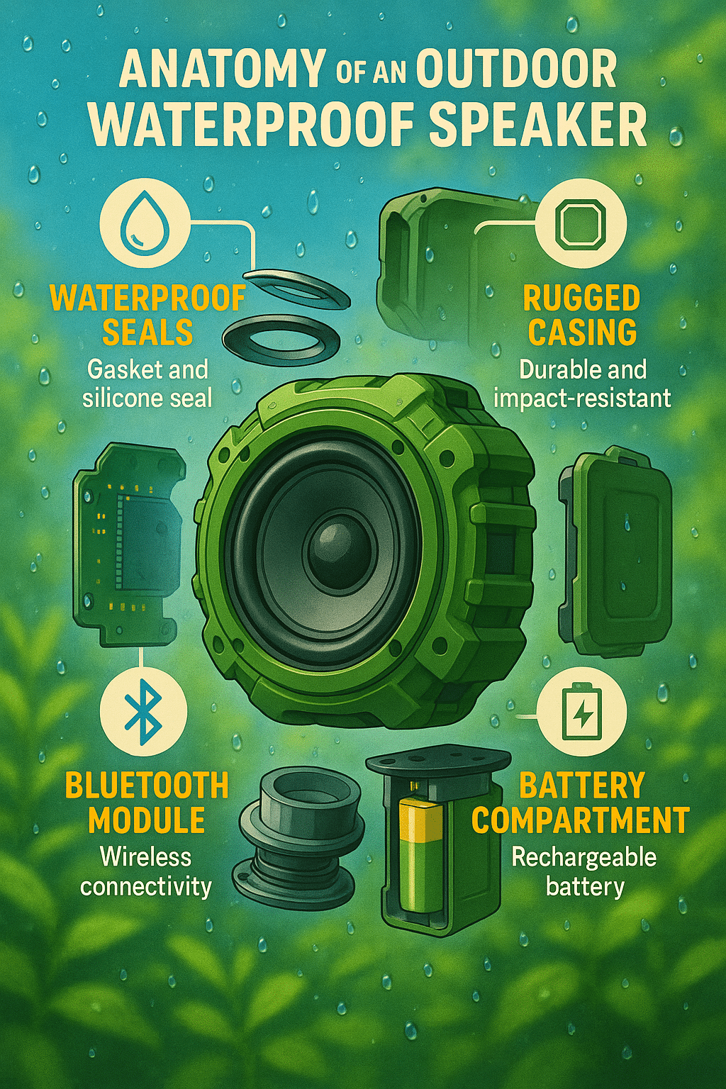 diagram of outdoor waterproof speakers showing parts and features for outdoor enthusiasts