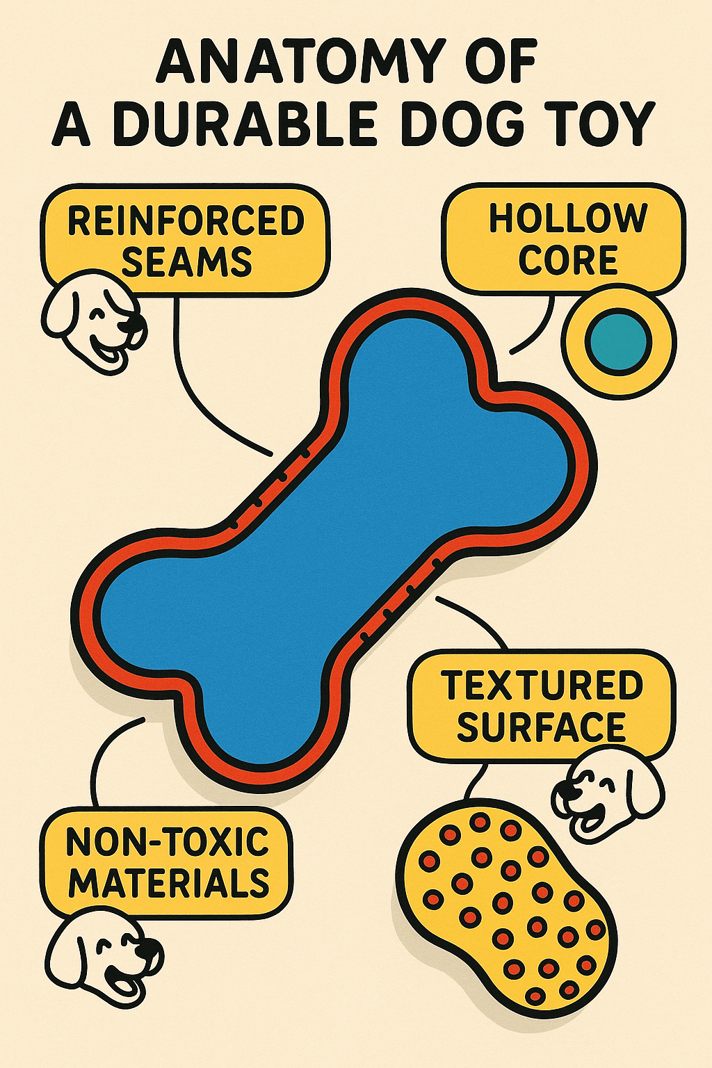 diagram showing key design features of indestructible dog toys for durability and safety