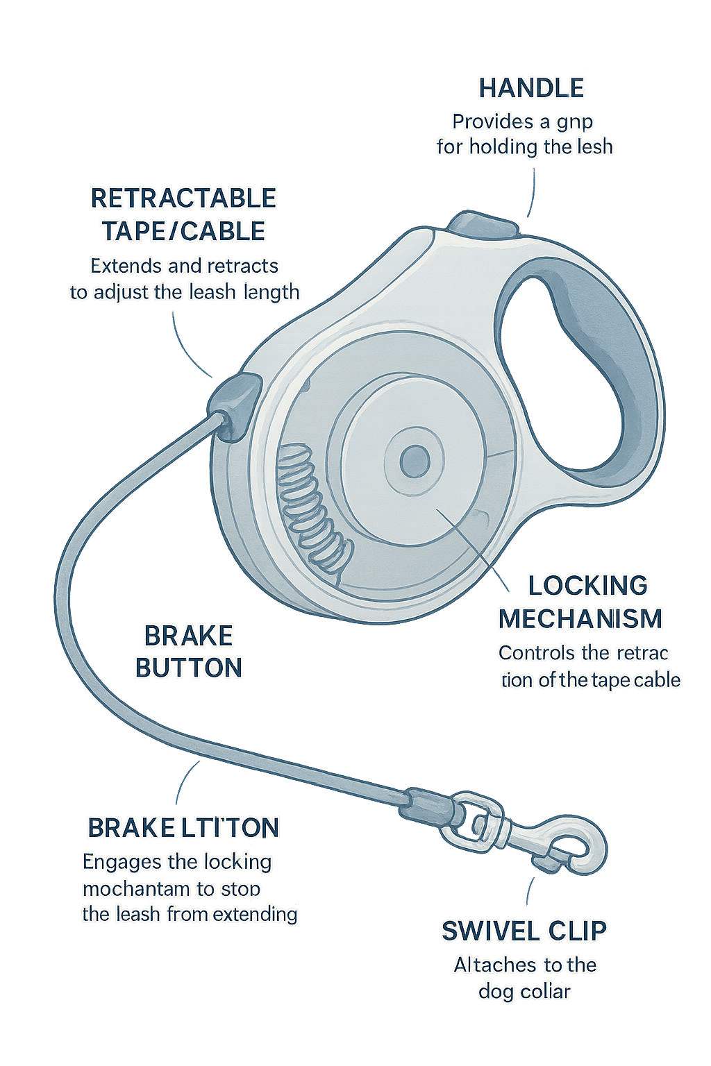 diagram showing parts of a retractable dog leash and how they work