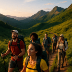 diverse outdoor enthusiasts hiking trails near me with backpacks and nature scenery at golden hour