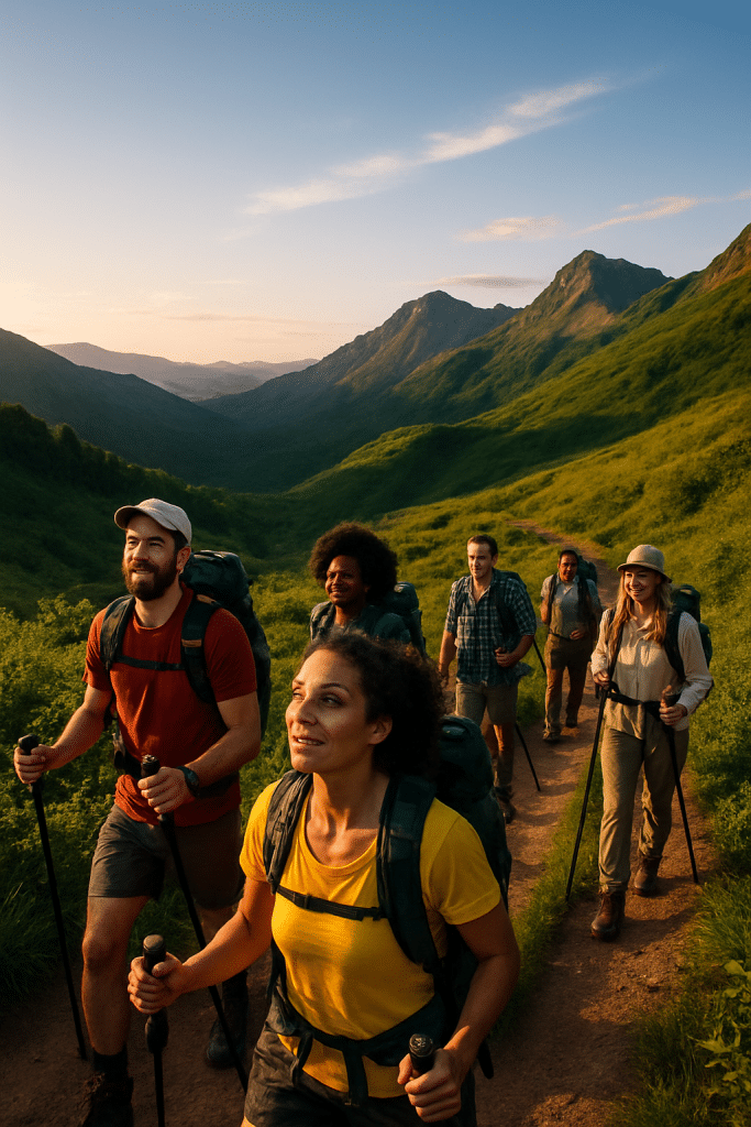 diverse outdoor enthusiasts hiking trails near me with backpacks and nature scenery at golden hour