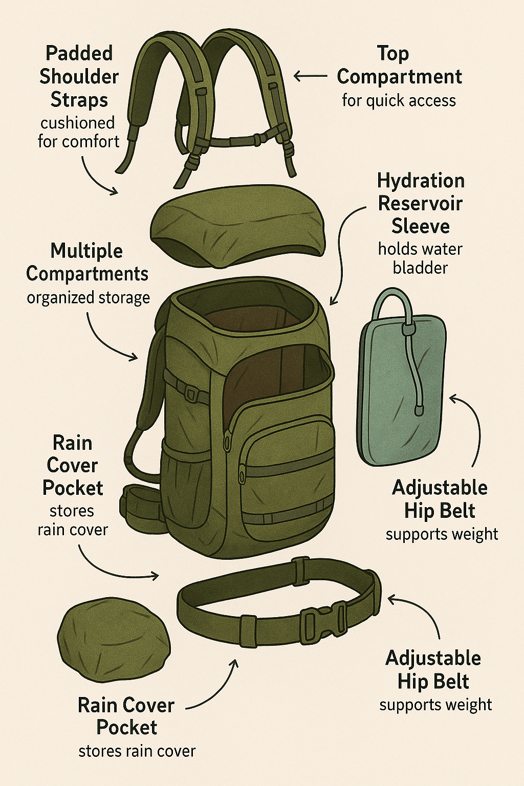 exploded view diagram showing internal features of hiking backpacks reviews