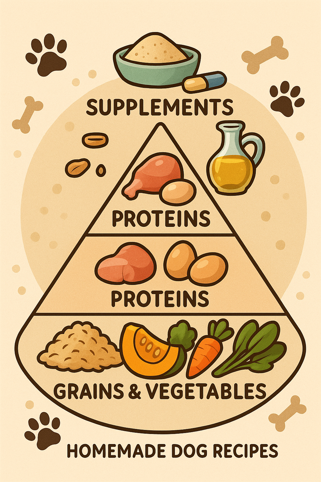 food pyramid for homemade dog food recipes showing grains proteins fats and supplements