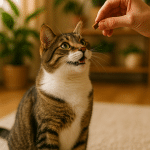 happy cat receiving healthy cat treats from owner in cozy home setting