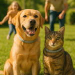happy dog and cat outdoors with flea and tick prevention collars symbolizing pet care and protection