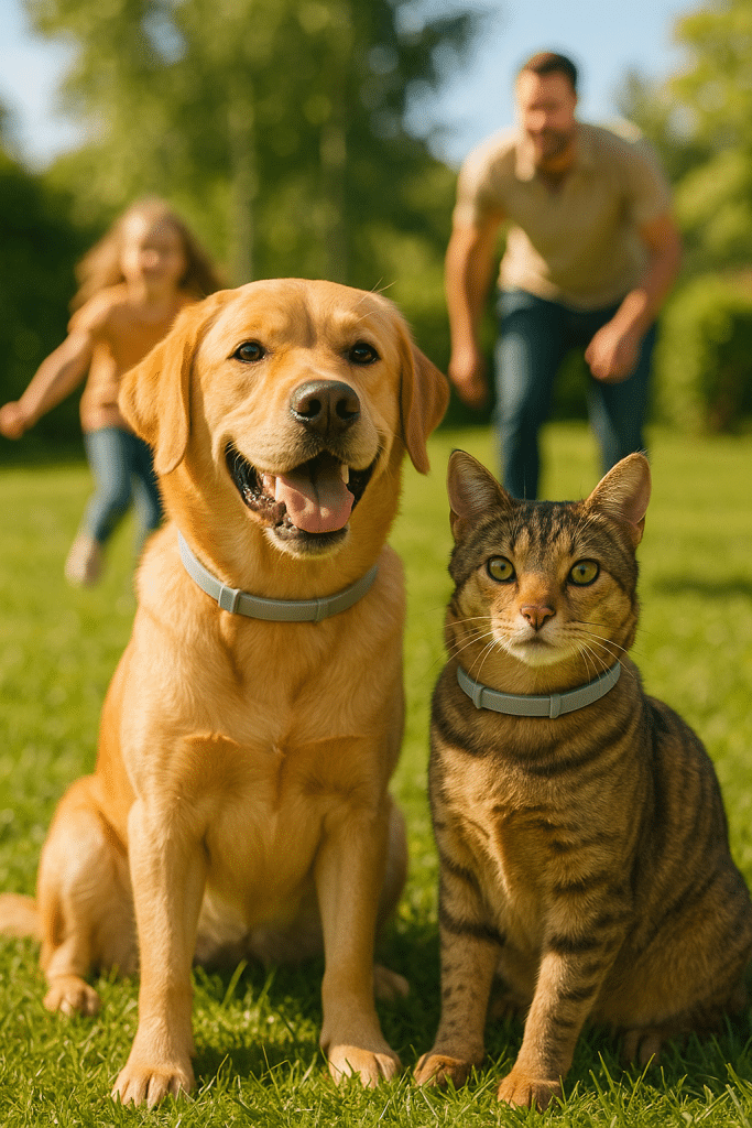happy dog and cat outdoors with flea and tick prevention collars symbolizing pet care and protection