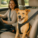 happy dog buckled with dog seat belt for cars in car seat with smiling pet owner driving