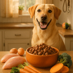 happy dog next to bowl of high protein dog food surrounded by fresh ingredients in a cozy home setting