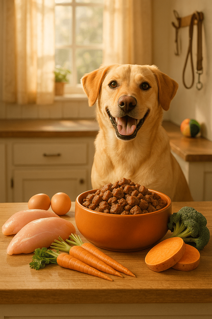 happy dog next to bowl of high protein dog food surrounded by fresh ingredients in a cozy home setting