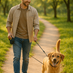 happy dog owner walking dog with retractable dog leash in sunlit park
